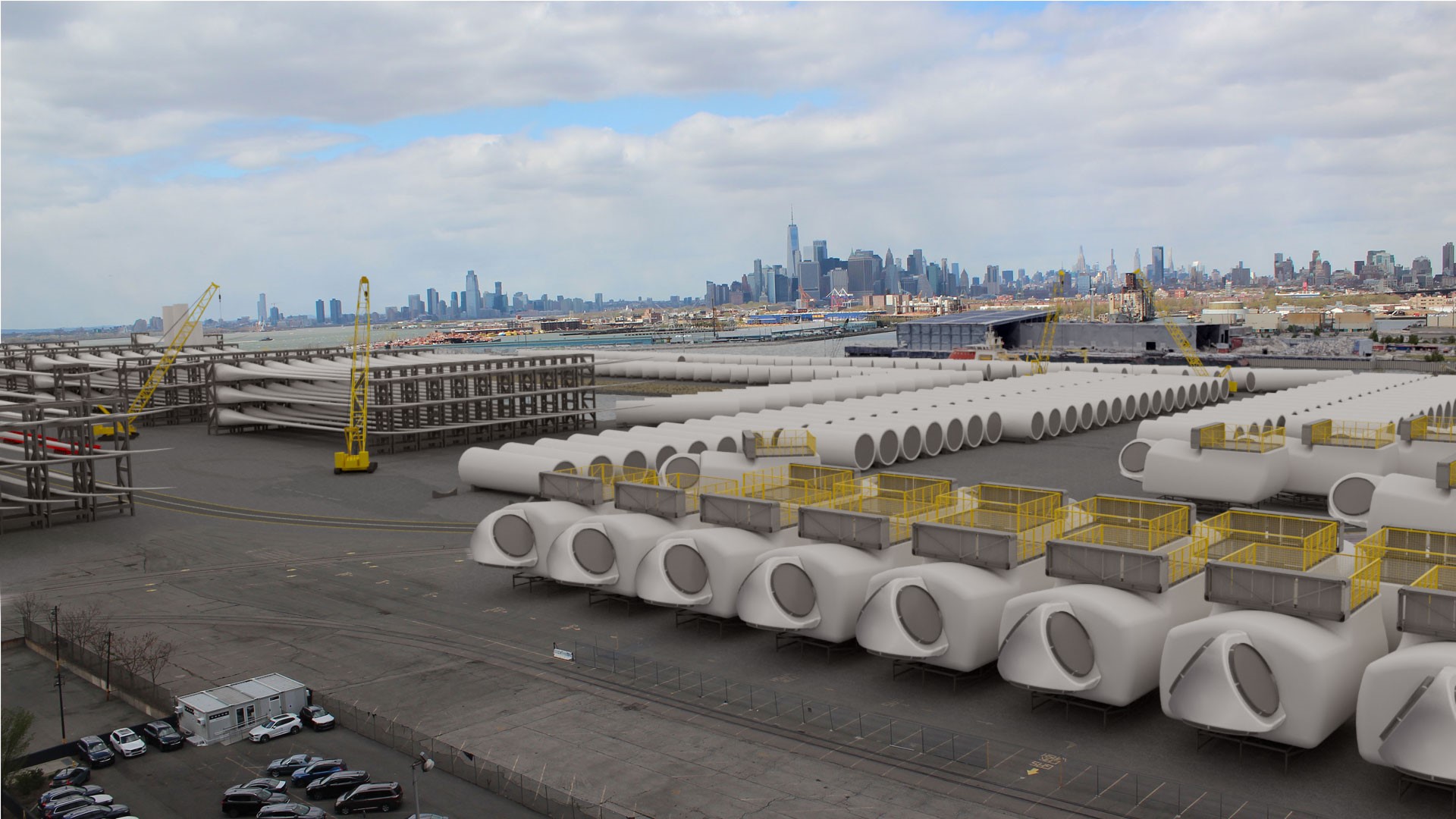 Wind turbine staging operations with the Manhattan skyline behind