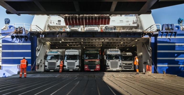 Trucks lined up on a ro-ro vessel