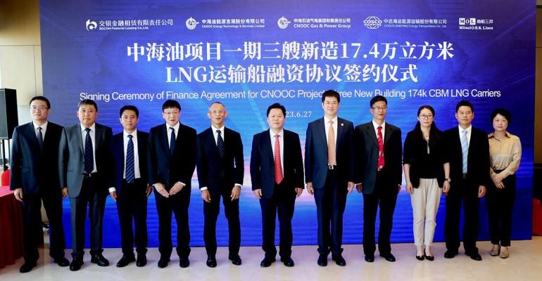 Representatives of BOCOM, CNOOC, COSCO and MOL in front of a banner withing chinese and english writing about the lease deal