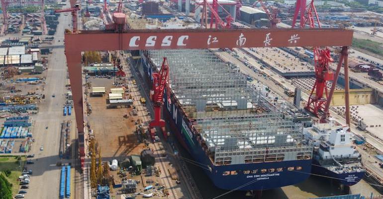 A CMA CGM  containership under construction at CSSC Jiangnan