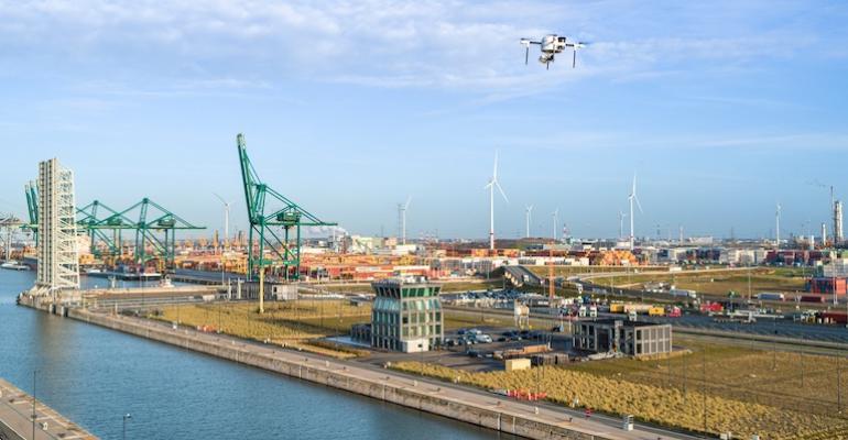 Drone in flight over port of Antwerp-Bruges