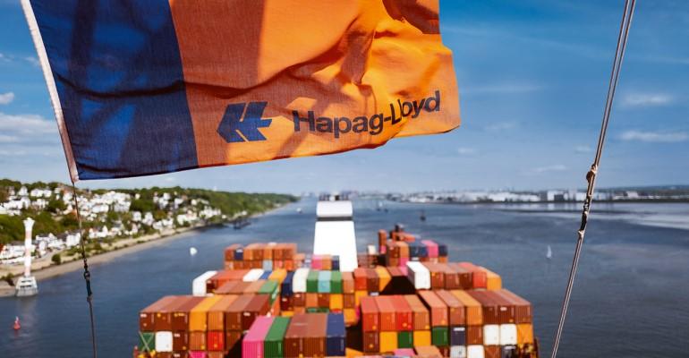 The Hapag-LLoyd flag flies over Al Nefud as it leaves Hamburg.