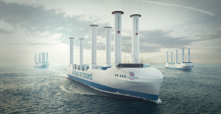 A render of the LDA Airbus vessels with Norsepower Rotor Sails installed