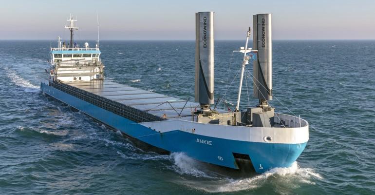 The 3,600 dwt general cargo vessel MV Ankie with the eConowind Ventifoil wind-assist system.