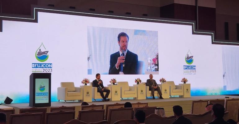 Tyler Baron, CEO of Minerva Bunkering, speaking at Fujcon on Tuesday (Peter Shaw-Smith)[6].jpg