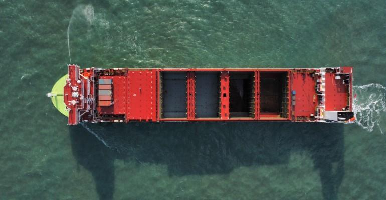 An X-Press Feeders dual fuel vessel on sea trials seen from directly above