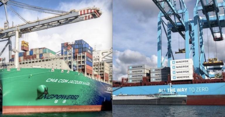 Photo montage CMA CGM LNG powered ship and Maersk methanol powered vessel