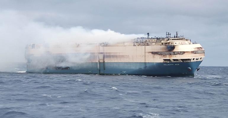 View of carrier car Felicity Ace on fire