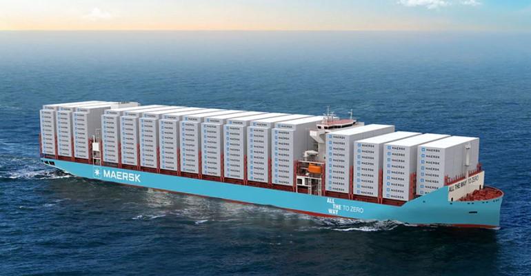 A rendering of a Maersk vessel at loaded with white containers
