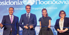 Greek Prime Minister Kyriakos Mistotakis, flanked by Theodore Vokos, Managing Director of Posidonia Exhibitions (left) and Melina Travlos, president of the Union of Greek Shipowners and Adina Ioana Vălean, EU Commissioner for Transport