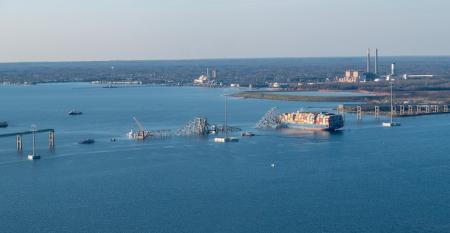 The M/V Dali is shown with the collapsed Francis Scott Key Bridge on March 30, 2024, in Baltimore