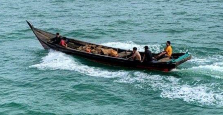 Wooden boat used in a sea robbery in the Singapore Strait