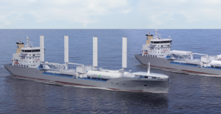 A render of the two chemical tankers with wind propulsion devices installed